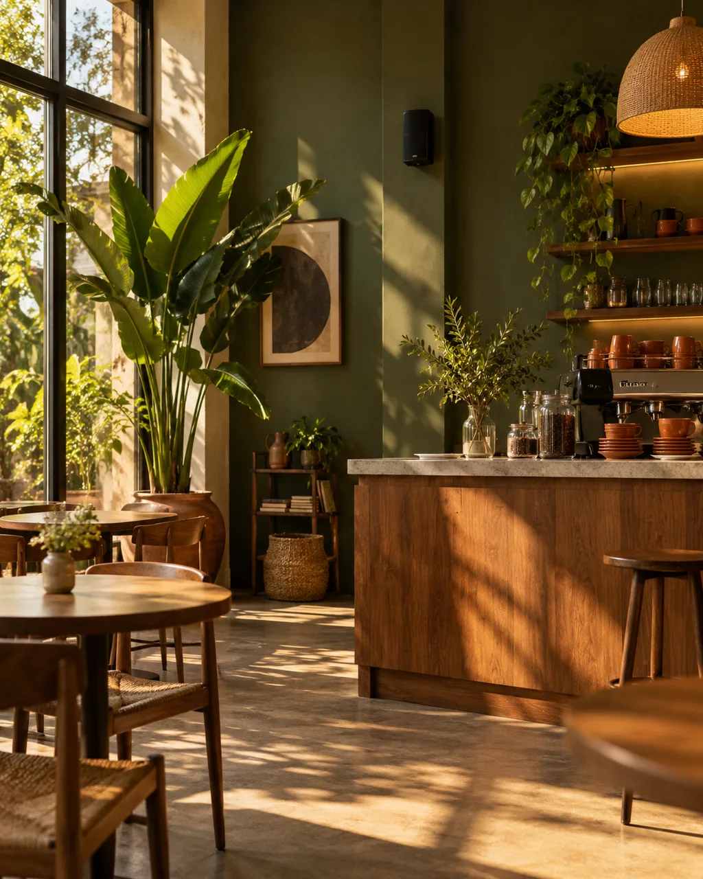 Ambiente ilustrativo de um café com madeira, plantas e luz natural